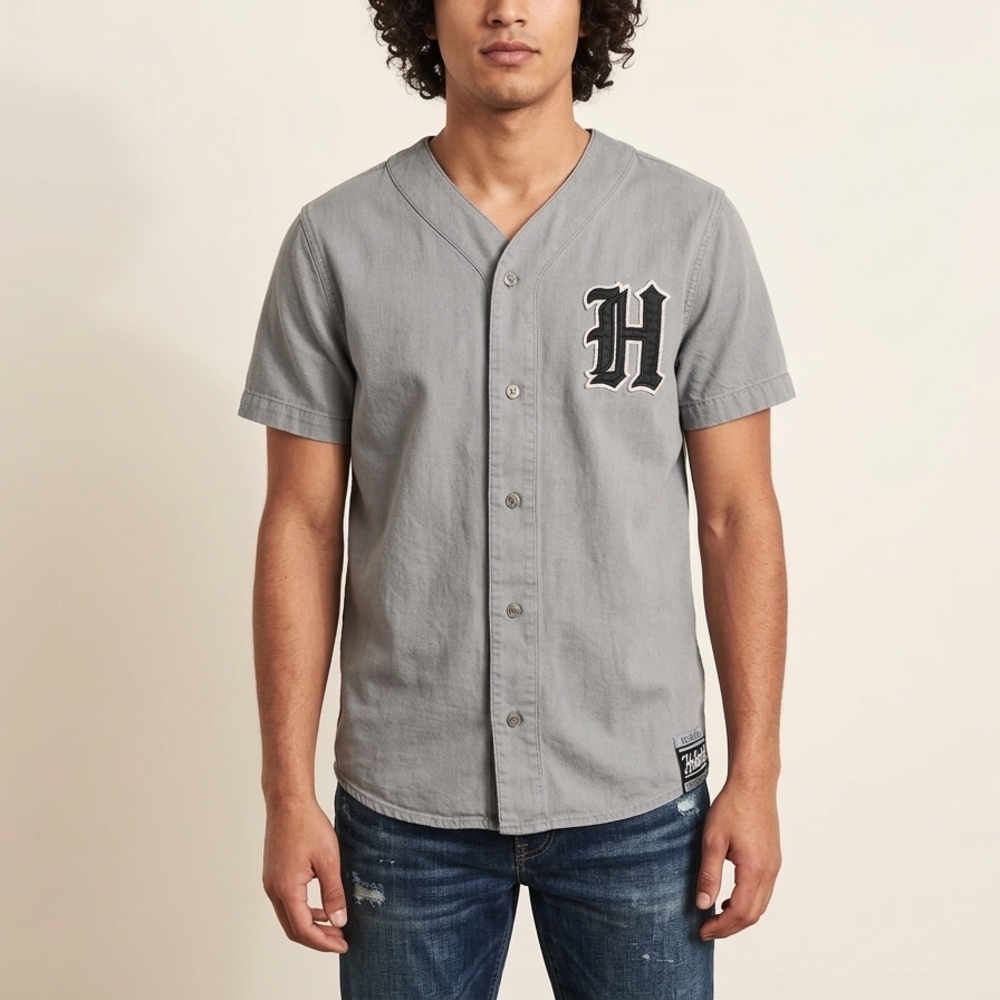 Hollister Baseball Jersey Shirt XS Gray Short Sleeve Button Up Sportswear